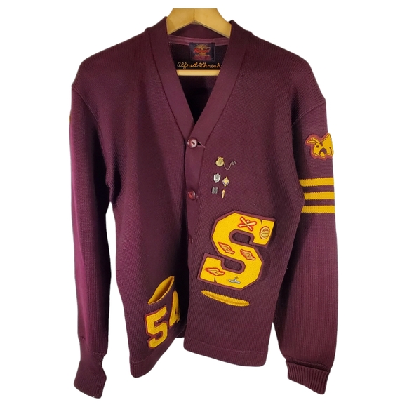 Vintage 1950s Varsity Cardigan Sweater with Vintage Pins and Patches | Color: Red | Size: M | Sldr4jc's Closet